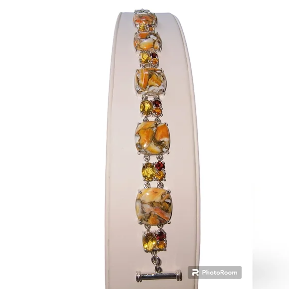 Spiny Oyster & Multi Gemstone Sterling Silver Toggle Bracelet: Adjustable - Picture 2 of 13